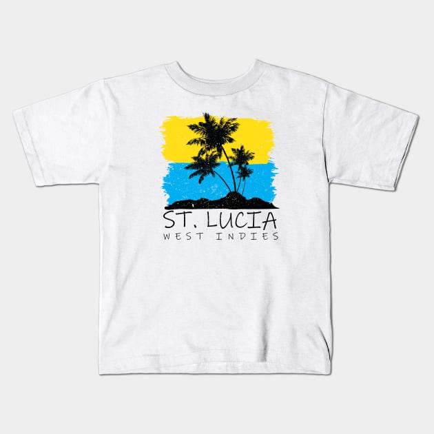 St Lucia National Colors with Palm Silhouette Kids T-Shirt by IslandConcepts